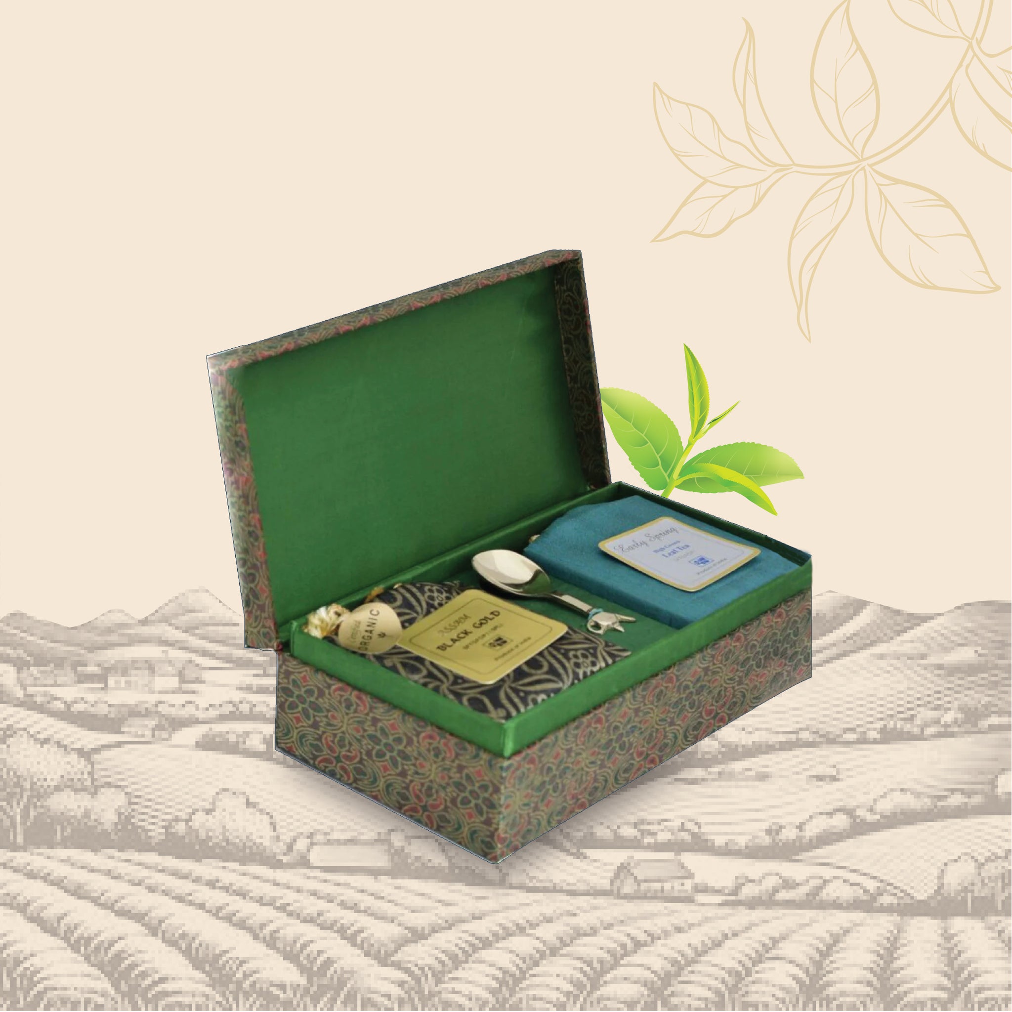 Mittal Teas Ethnic Box with 2 Teas (Darjeeling & Assam Black Gold Premium), Brass Teaspoon, Recycled Wood, Jacquard Cloth Covering