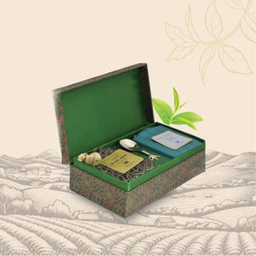 Mittal Teas Ethnic Box with 2 Teas (Darjeeling & Assam Black Gold Premium), Brass Teaspoon, Recycled Wood, Jacquard Cloth Covering
