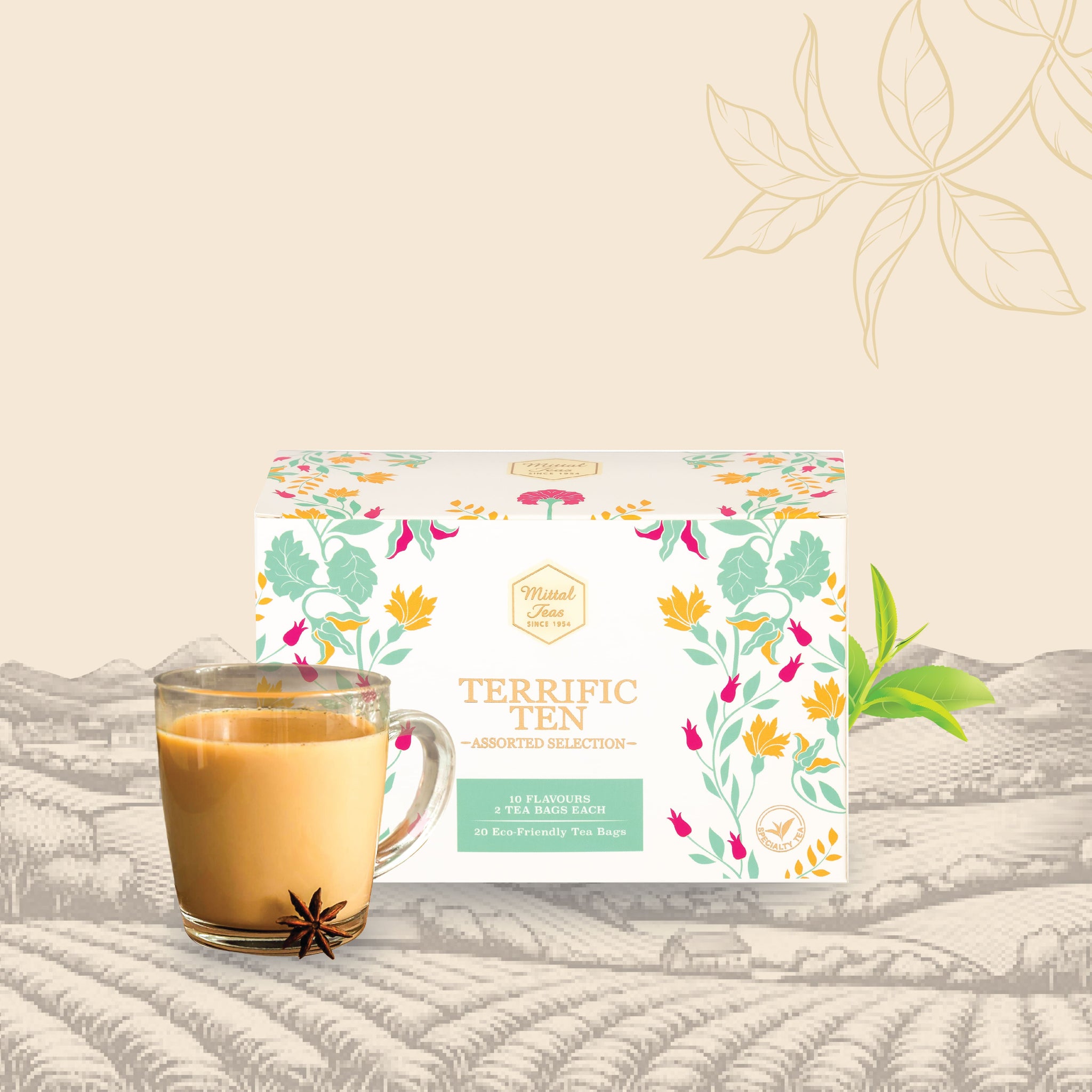 Mittal Teas Terrific Ten Assorted Teas Sampler - 20 Tea Bags (2 Each of 10 Unique Flavors) - Premium Herbal, Black, Green & Masala Chai Collection - Gift Set for Tea Lovers