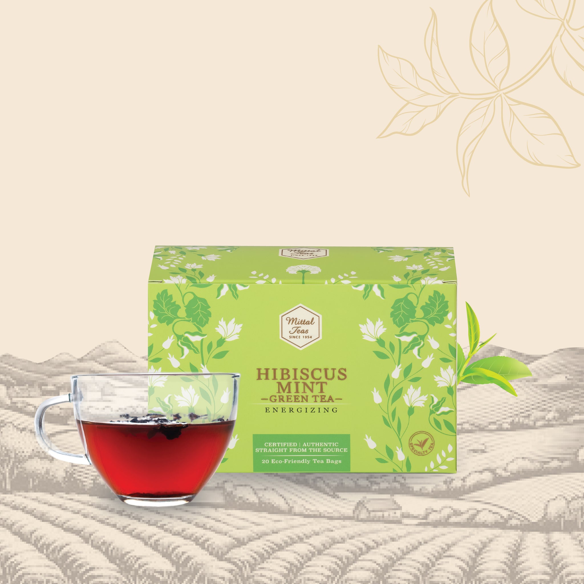 Mittal Teas, Green Tea | 20 Eco-Friendly Pyramid Tea Bags | All Natural Organic Ingredients | Hibiscus Mint | Fresh Detox For Healthy Skin, 40 GM ( 20 Bags Hibiscus Mint)
