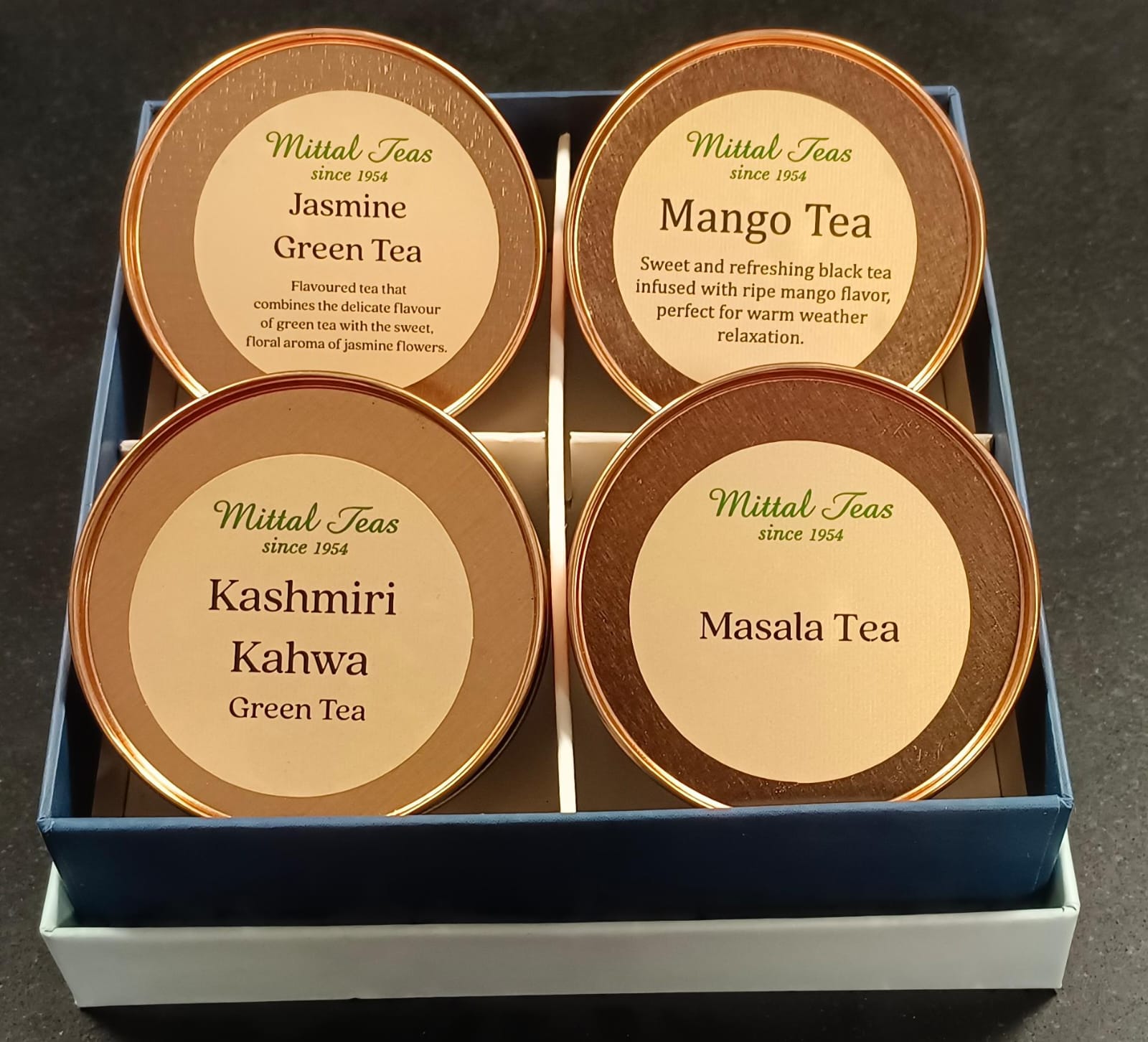 Mittal Teas Premium Indian Tea, Luxurious Green Tea Gift Box with 4 Varieties - Kashmiri Kahwa, Jasmine, Hand Rolled, Organic Green Tea - Mittal Teas